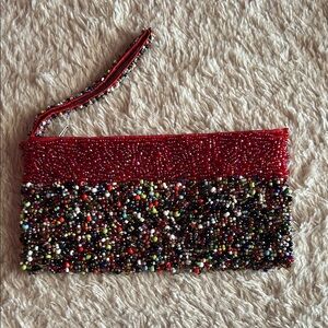Hand-Beaded Red Multicolor Wristlet Clutch